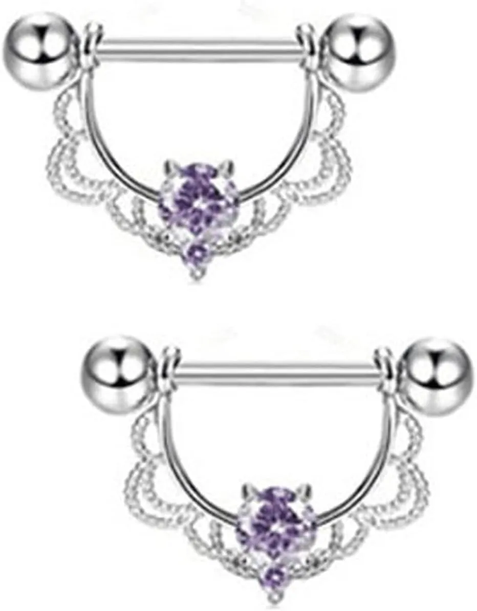 14G Stainless Steel Nipple Rings Purple Flower Straight Barbell Bars Tongue Ring 16mm(5/8Inch) Body Piercing Jewelry