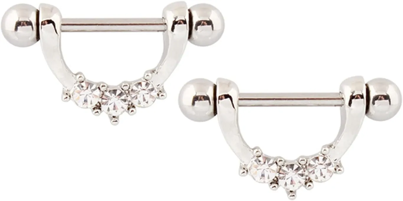 14G Stainless Steel Nipple Rings Silver CZ U-Shape Straight Barbell Bars Tongue Ring 16mm(5/8Inch) Body Piercing Jewelry