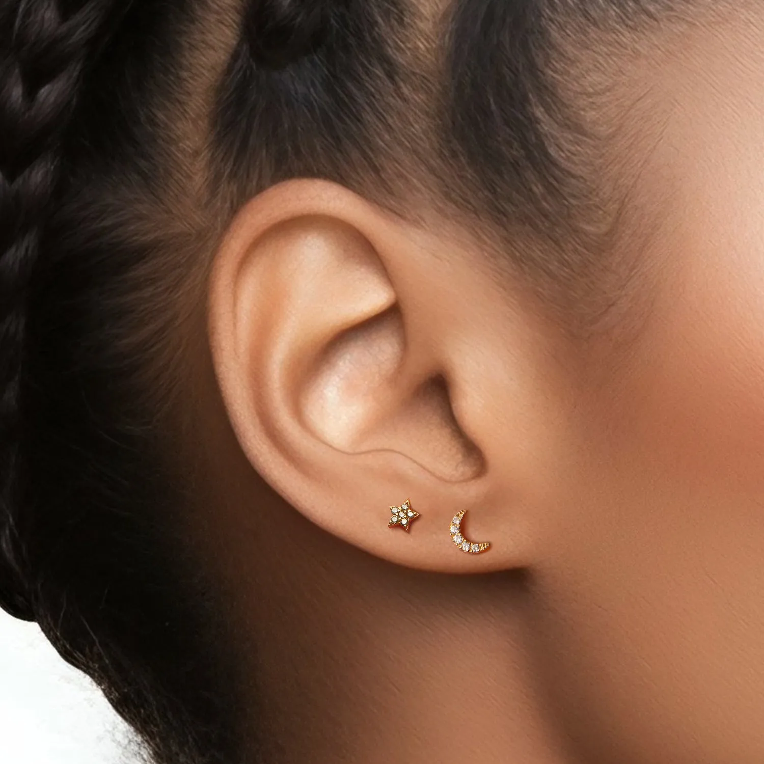 14k Diamond Crescent Moon Flatback Studs