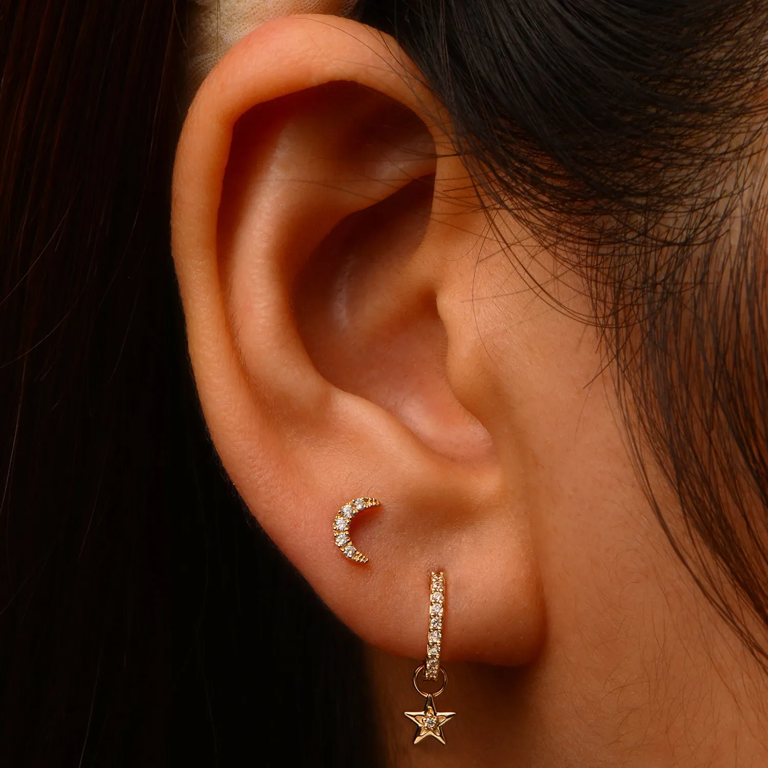 14k Diamond Crescent Moon Flatback Studs