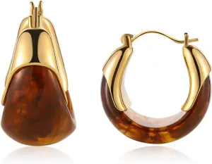 14k Gold Plated Amber Resin Hoop Earrings for Women Trendy, Hypoallergenic Chunky Gold Earrings Jewelry Gifts for Sensitive Earlobes