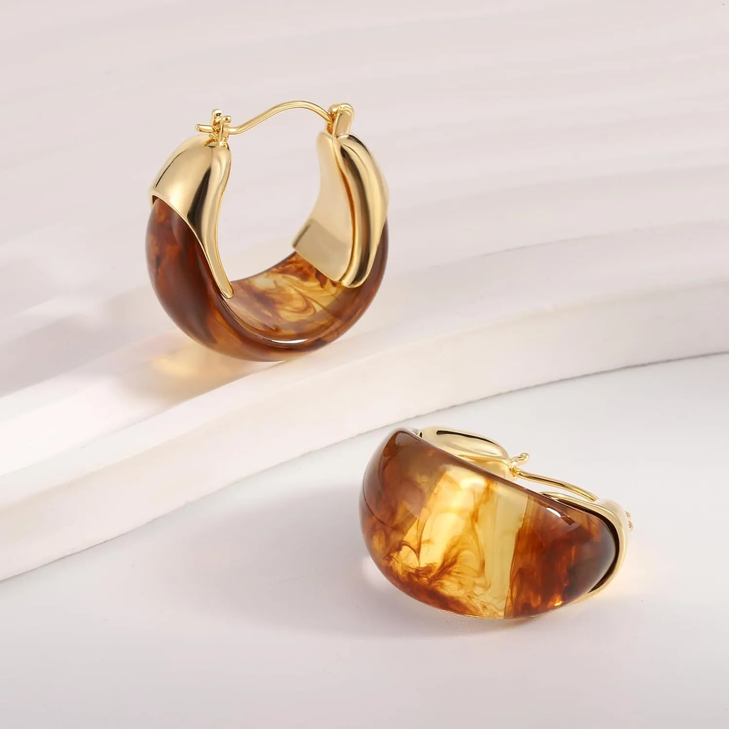 14k Gold Plated Amber Resin Hoop Earrings for Women Trendy, Hypoallergenic Chunky Gold Earrings Jewelry Gifts for Sensitive Earlobes