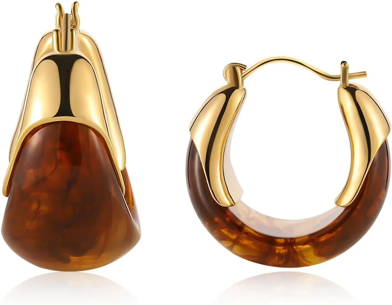 14k Gold Plated Amber Resin Hoop Earrings for Women Trendy, Hypoallergenic Chunky Gold Earrings Jewelry Gifts for Sensitive Earlobes
