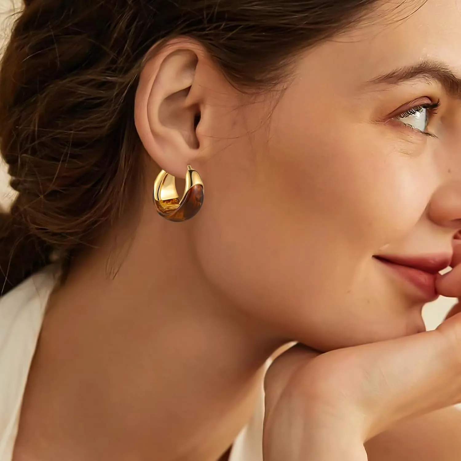 14k Gold Plated Amber Resin Hoop Earrings for Women Trendy, Hypoallergenic Chunky Gold Earrings Jewelry Gifts for Sensitive Earlobes