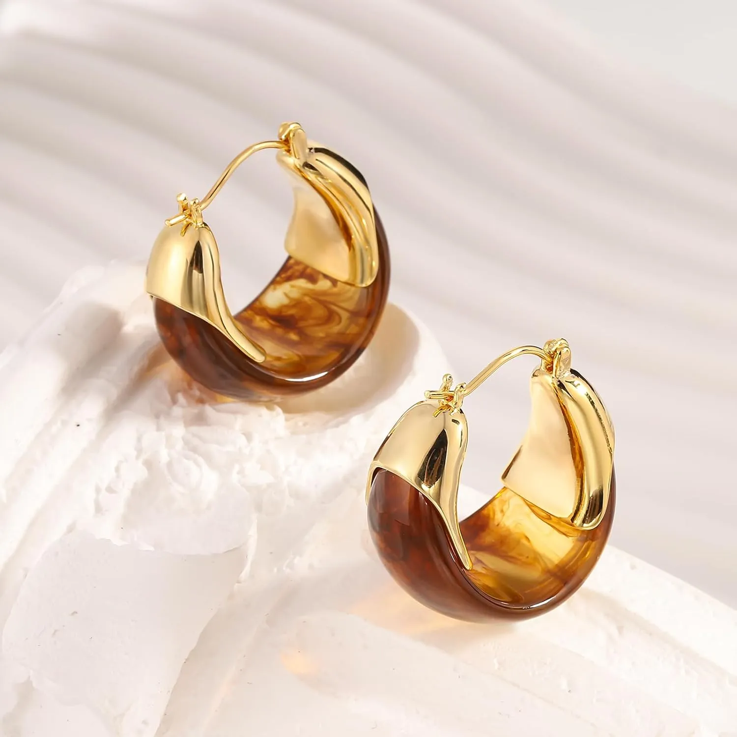14k Gold Plated Amber Resin Hoop Earrings for Women Trendy, Hypoallergenic Chunky Gold Earrings Jewelry Gifts for Sensitive Earlobes