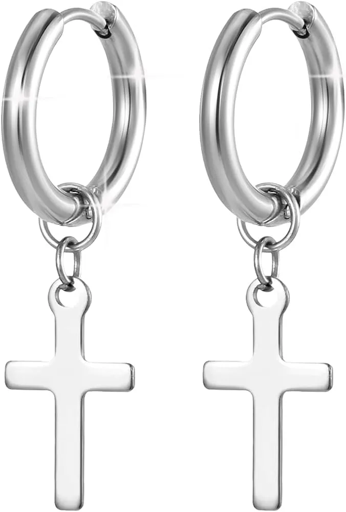14K Gold Plated Drop Dangle Cross Hoop Earrings Trendy Tiny Cross Huggie Hoops Dangling Earrings Simple Hypoallergenic Lightweight Religious Jewelry for Men Women