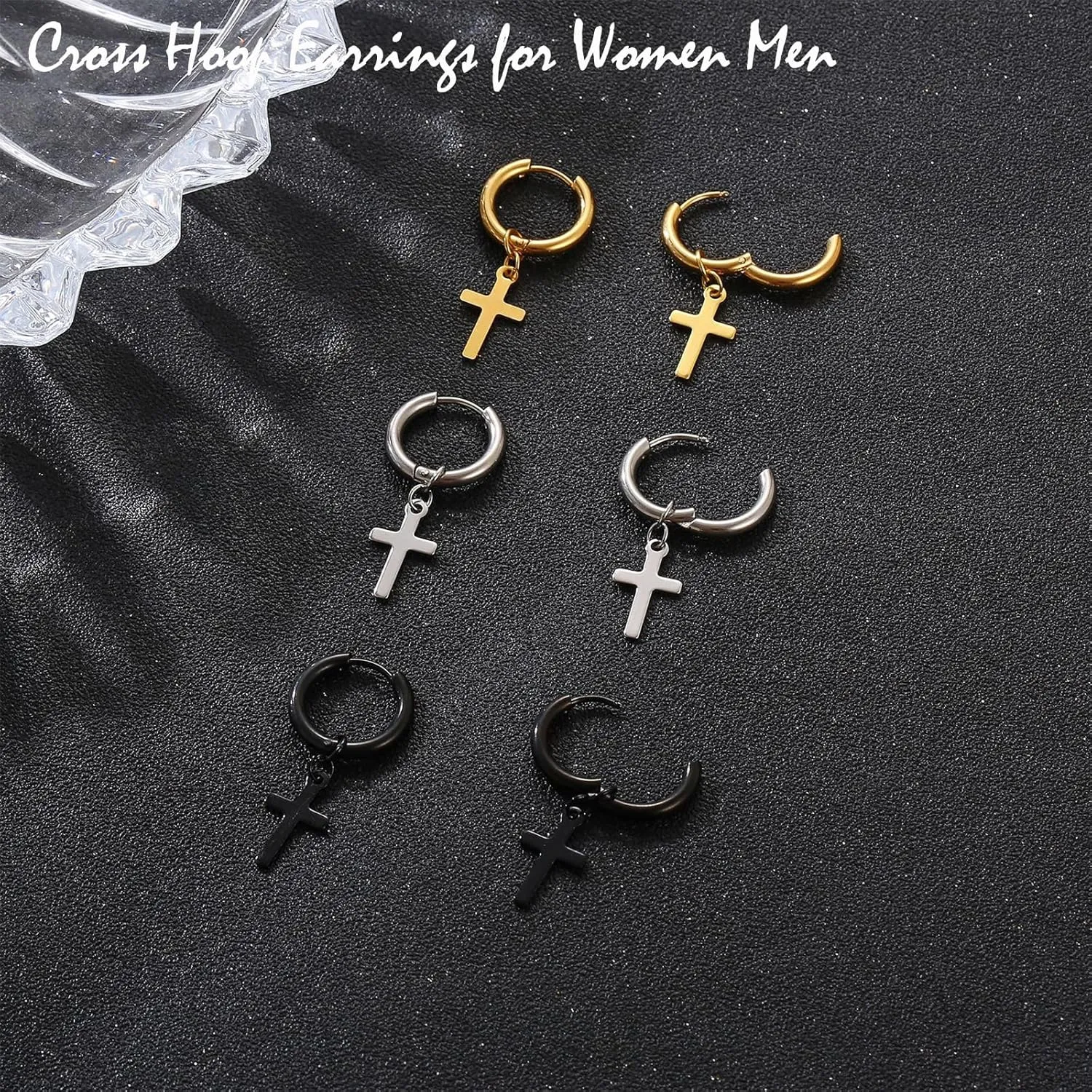 14K Gold Plated Drop Dangle Cross Hoop Earrings Trendy Tiny Cross Huggie Hoops Dangling Earrings Simple Hypoallergenic Lightweight Religious Jewelry for Men Women