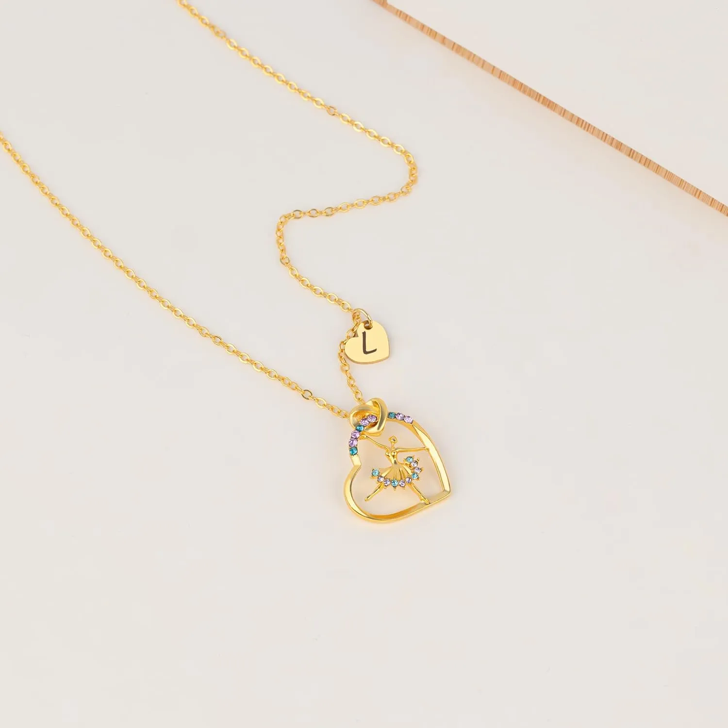 14K Gold Plated Initial Ballerina Necklace Letter Heart Ballet Necklaces Dance Recital Gifts for Daughter Niece Dance Lover Team Competition Ballerina Gift for Ballet Friends Dancer Mate