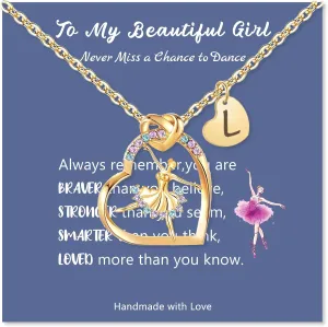 14K Gold Plated Initial Ballerina Necklace Letter Heart Ballet Necklaces Dance Recital Gifts for Daughter Niece Dance Lover Team Competition Ballerina Gift for Ballet Friends Dancer Mate