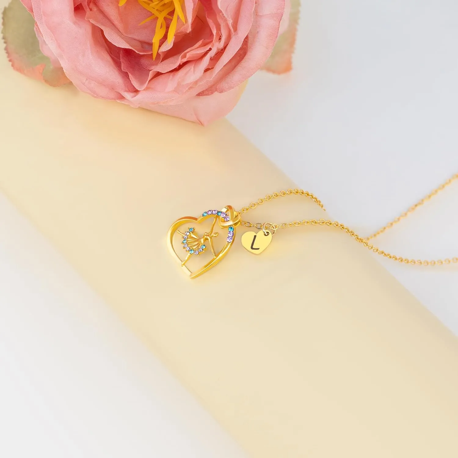 14K Gold Plated Initial Ballerina Necklace Letter Heart Ballet Necklaces Dance Recital Gifts for Daughter Niece Dance Lover Team Competition Ballerina Gift for Ballet Friends Dancer Mate
