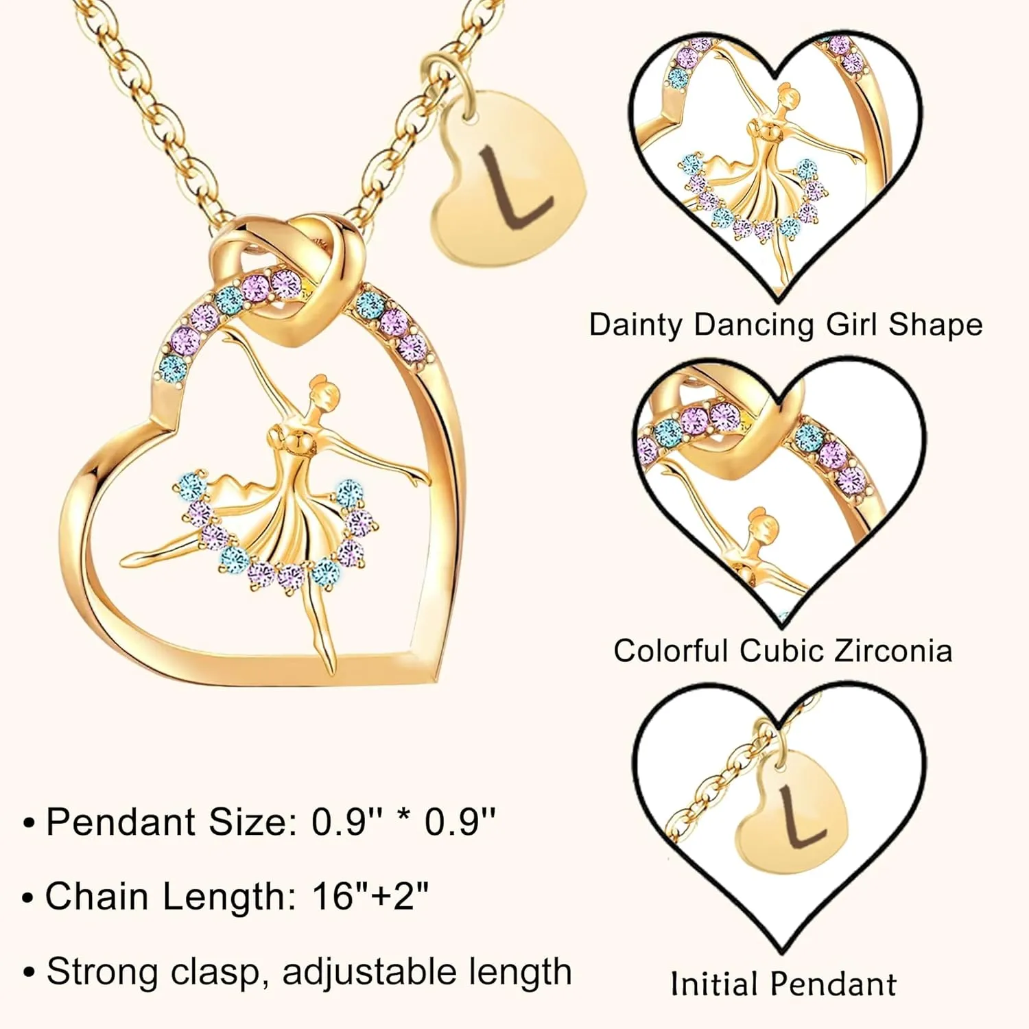 14K Gold Plated Initial Ballerina Necklace Letter Heart Ballet Necklaces Dance Recital Gifts for Daughter Niece Dance Lover Team Competition Ballerina Gift for Ballet Friends Dancer Mate