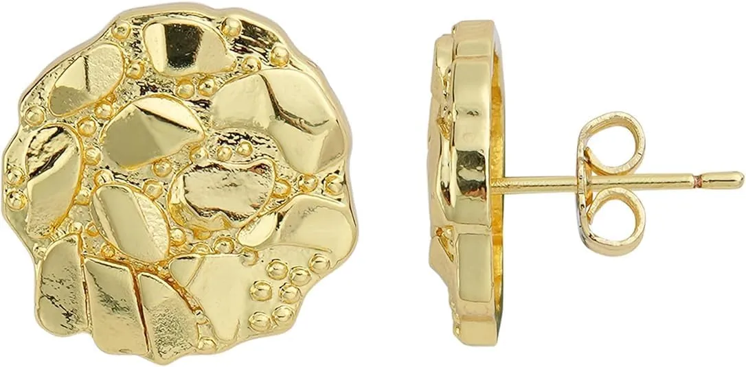 14k Gold Plated Nugget Cookie Round Circle Stud Fashion Earrings Earrings 10mm / 12mm For Men, Women, Unisex