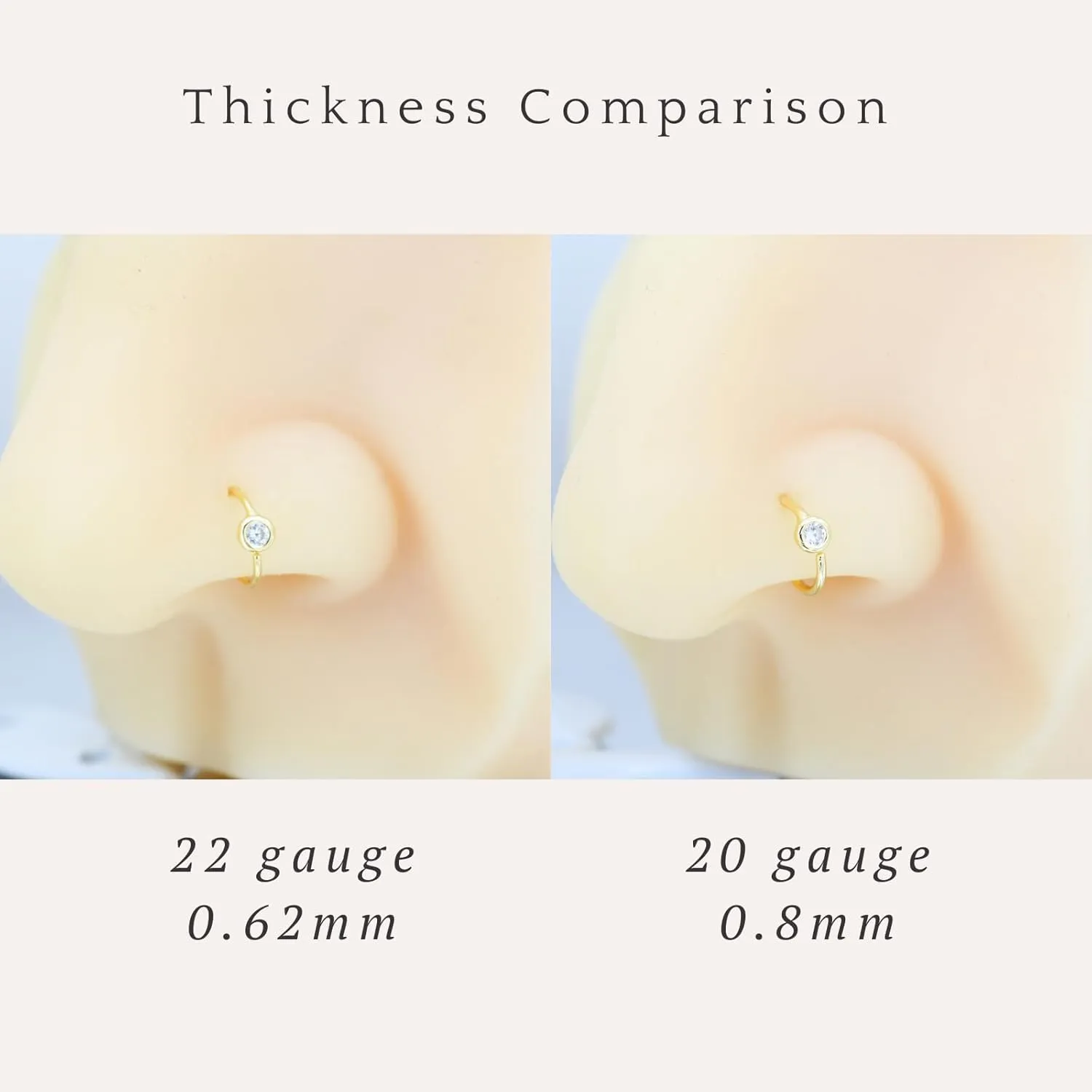 14K Gold Plated Solid 925 Sterling Silver Nose Ring Hoop for Women - Small Thin Dainty Nose Piercing Jewelry, 8mm 20 gauge