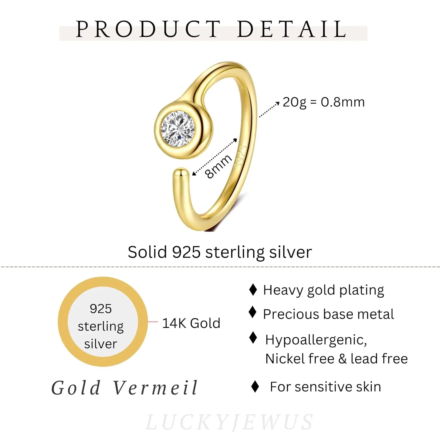 14K Gold Plated Solid 925 Sterling Silver Nose Ring Hoop for Women - Small Thin Dainty Nose Piercing Jewelry, 8mm 20 gauge