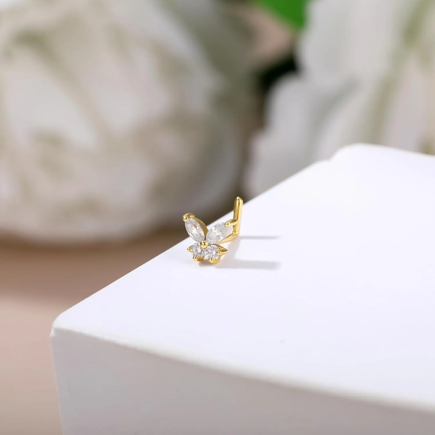 14K Real Gold Nose Rings Studs Simulated Diamond Moissanite L Shaped 20G Nose Studs Nose Piercing Jewelry Hypoallergenic Nose Piercings for Women Men