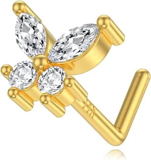 14K Real Gold Nose Rings Studs Simulated Diamond Moissanite L Shaped 20G Nose Studs Nose Piercing Jewelry Hypoallergenic Nose Piercings for Women Men