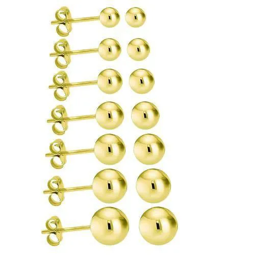 14K Solid Gold Round Ball Stud Earrings Pushback Yellow