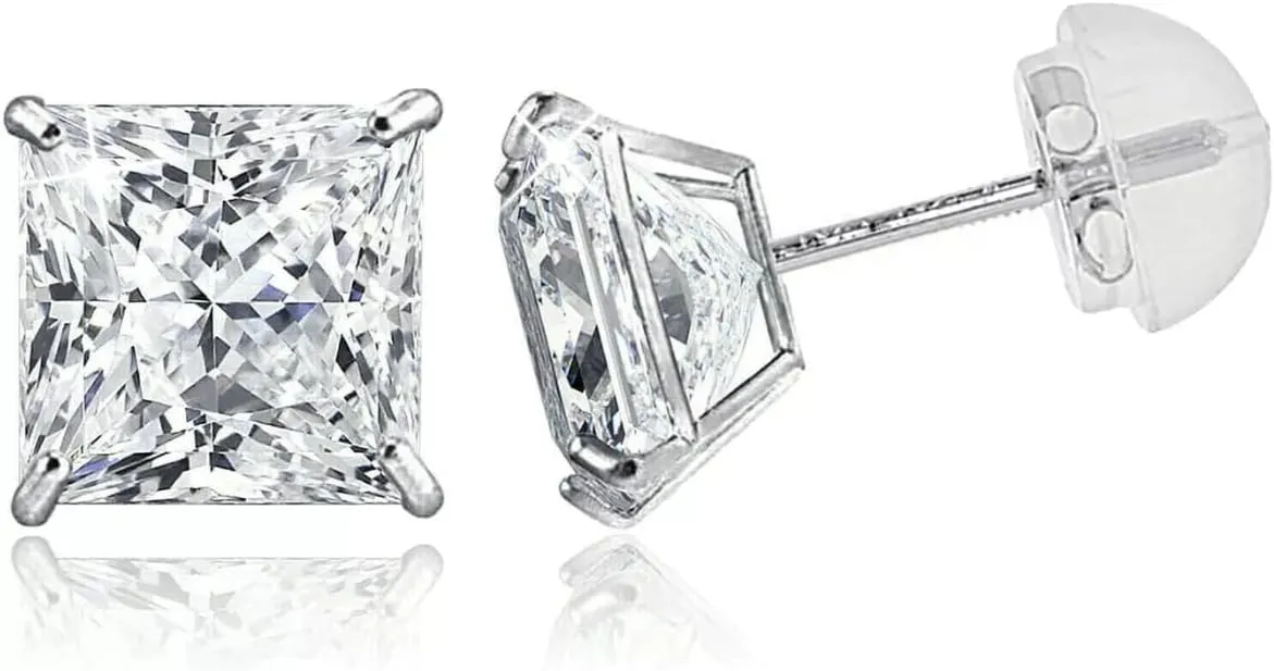 14k Solid Yellow or White Gold Solitaire Round/Square Cubic Zirconia Earrings Studs For Women - Small CZ, Hypoallergenic, Screw Back/Silicone Pushback - Jewelry Gifts for Mom - In Various Sizes