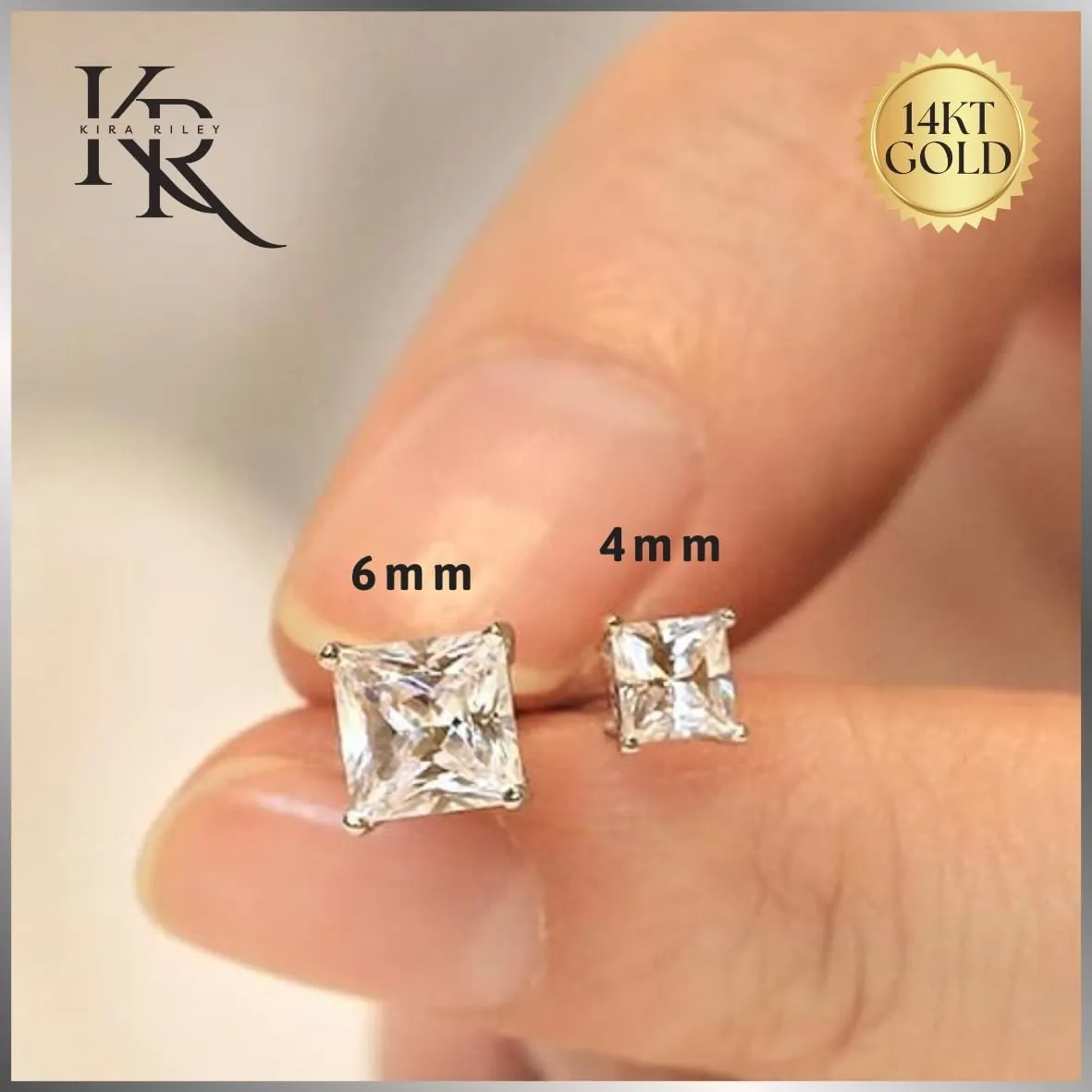 14k Solid Yellow or White Gold Solitaire Round/Square Cubic Zirconia Earrings Studs For Women - Small CZ, Hypoallergenic, Screw Back/Silicone Pushback - Jewelry Gifts for Mom - In Various Sizes