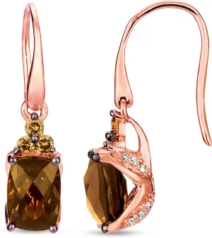 14K STRAWBERRY GOLD DIAMOND SMOKY QUARTZ EARRINGS