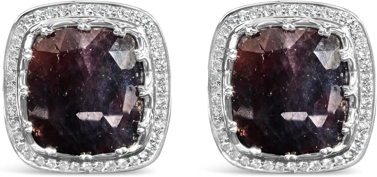 14K White Gold 15x15 Dark Purple Sapphire and 4/5 Cttw Diamond Halo Cufflinks (F-G Color, VS1-VS2 Clarity)