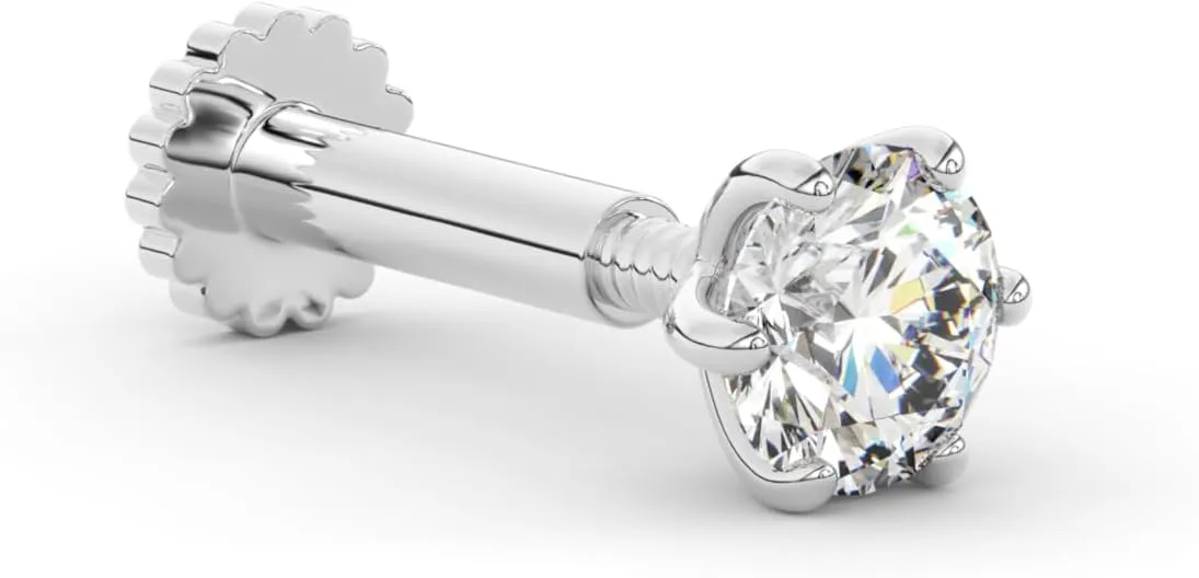 14K White Gold Diamond Nose Stud & Labret Monroe Piercing  6 Prong Screw Back Earring for Tragus, Helix, Lip, Lobe  Unisex F-G Color Gem
