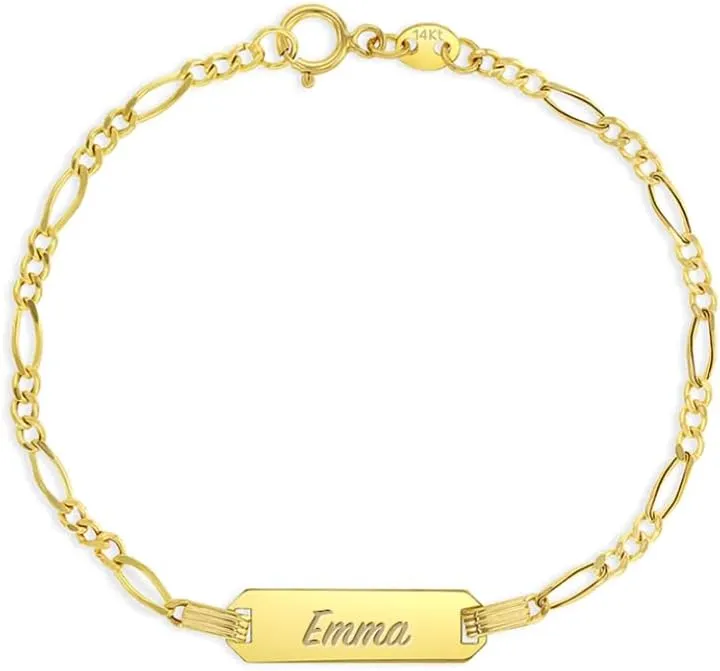 14k Yellow Gold Classic Engravable Tag Identification Bracelet For Babies and Toddlers 5.5" - Personalized Tag ID Bracelets For Kids - Unisex Customizable Toddler and Children Bracelets