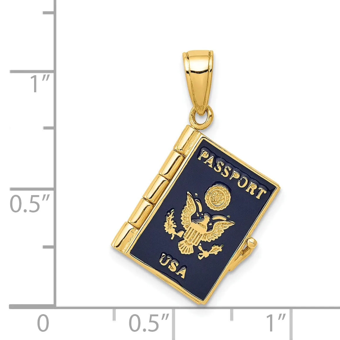 14k Yellow Gold Polished Blue Enamel Finish 3-Dimensional U.S.A Passport Book Opens Charm Pendant
