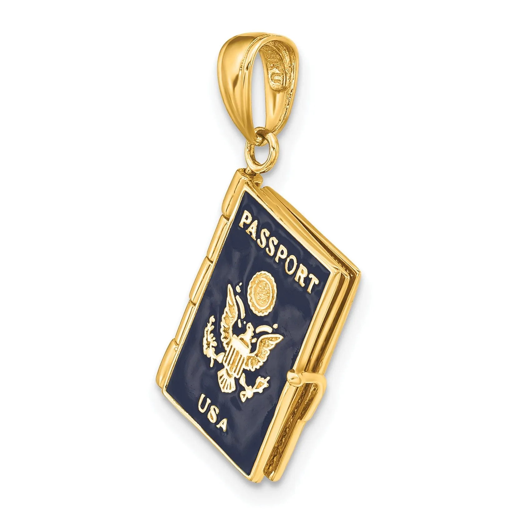 14k Yellow Gold Polished Blue Enamel Finish 3-Dimensional U.S.A Passport Book Opens Charm Pendant