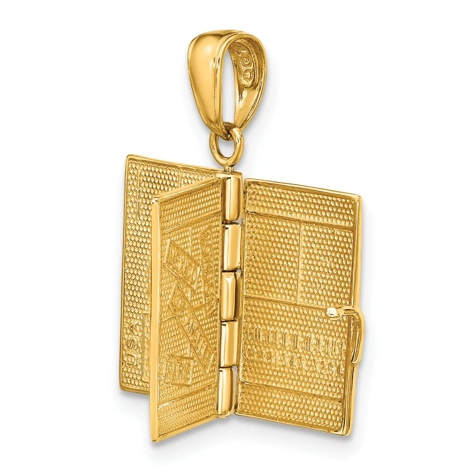 14k Yellow Gold Polished Blue Enamel Finish 3-Dimensional U.S.A Passport Book Opens Charm Pendant