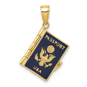 14k Yellow Gold Polished Blue Enamel Finish 3-Dimensional U.S.A Passport Book Opens Charm Pendant