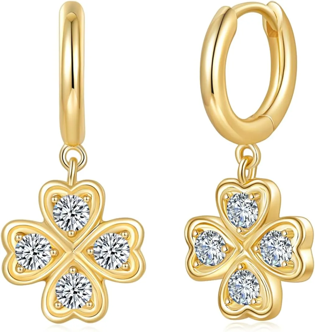 14K/18K Gold Plated Drop Dangle Clover Huggie Hoop Earrings for Women  Dainty Four-Leaf Clover Earrings with Charm  Sterling Silver Post Jewelry for Everyday and Special Occasion 24mm x 11mm