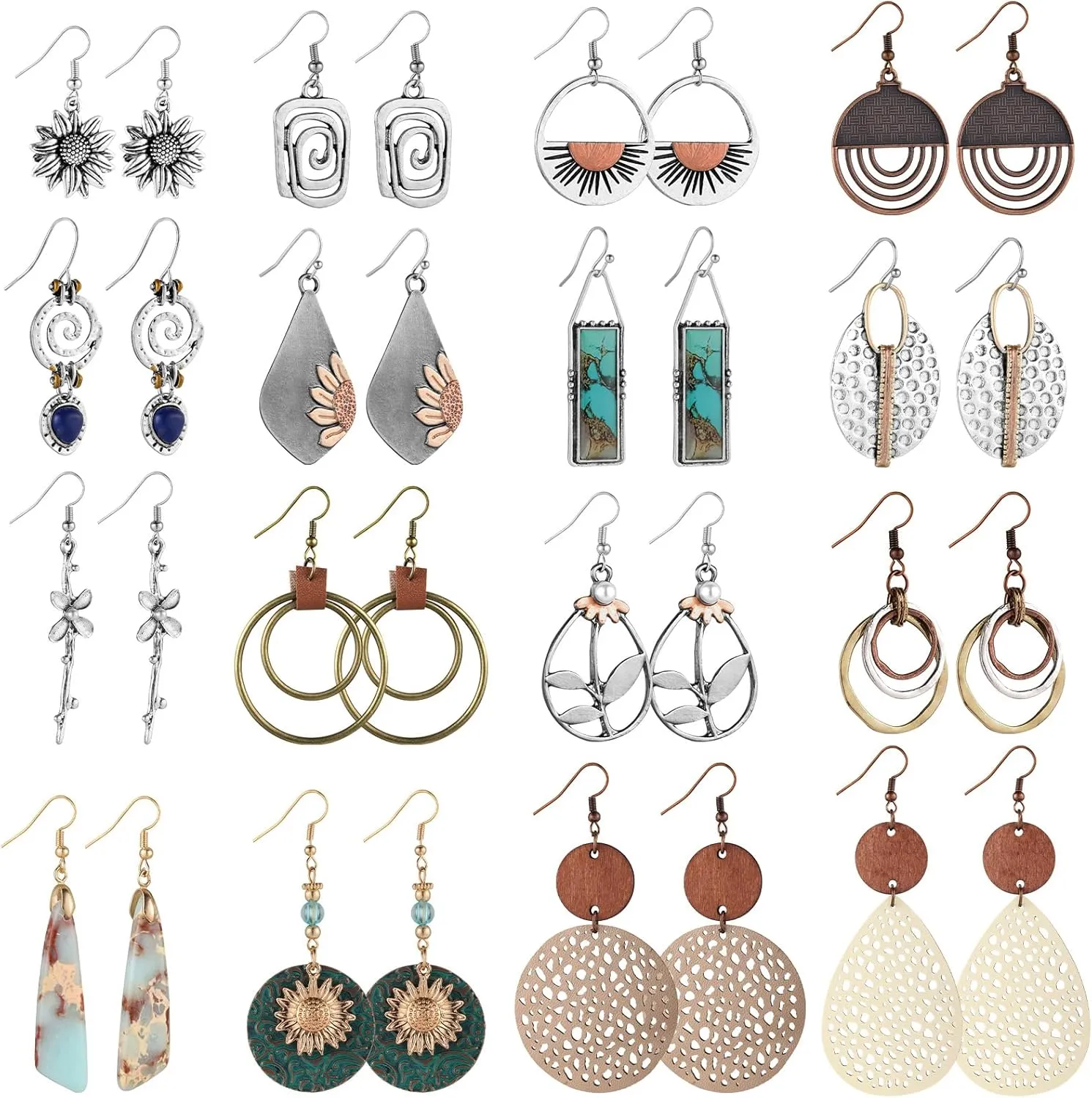 16 Pairs Boho Earrings for Women, Funtopia Dangle Earrings for Women Trendy, Vintage Ethnic Sunflower Earrings, Statement Geometric Round Teardrop Wooden Leather Earrings Jewelry