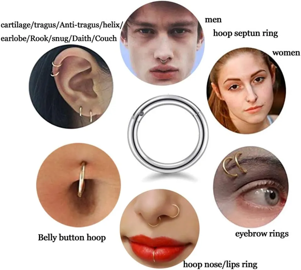 16G 18G 20G Stainless Steel Hinged Clicker Segment Septum Nose Lip Ring Hoop Cartilage Tragus Sleeper Earrings Body Piercing Jewelry for Women Men 6mm 7mm 8mm 9mm 10mm Mix Colors A Set