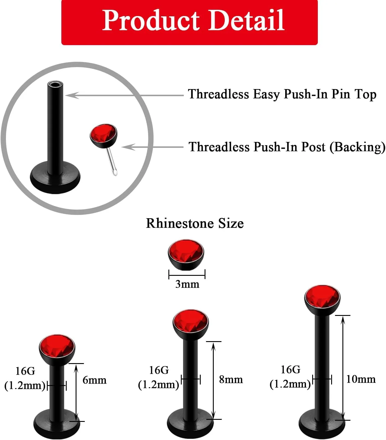 16G 18G Threadless Lip Ring 316L Surgical Steel 6mm 8mm 10mm Labret Jewelry for Tragus, Conch, Helix, Earlobe - Push in Nose Studs CZ Stud Earrings Monroe Piercing Jewelry for Women Men