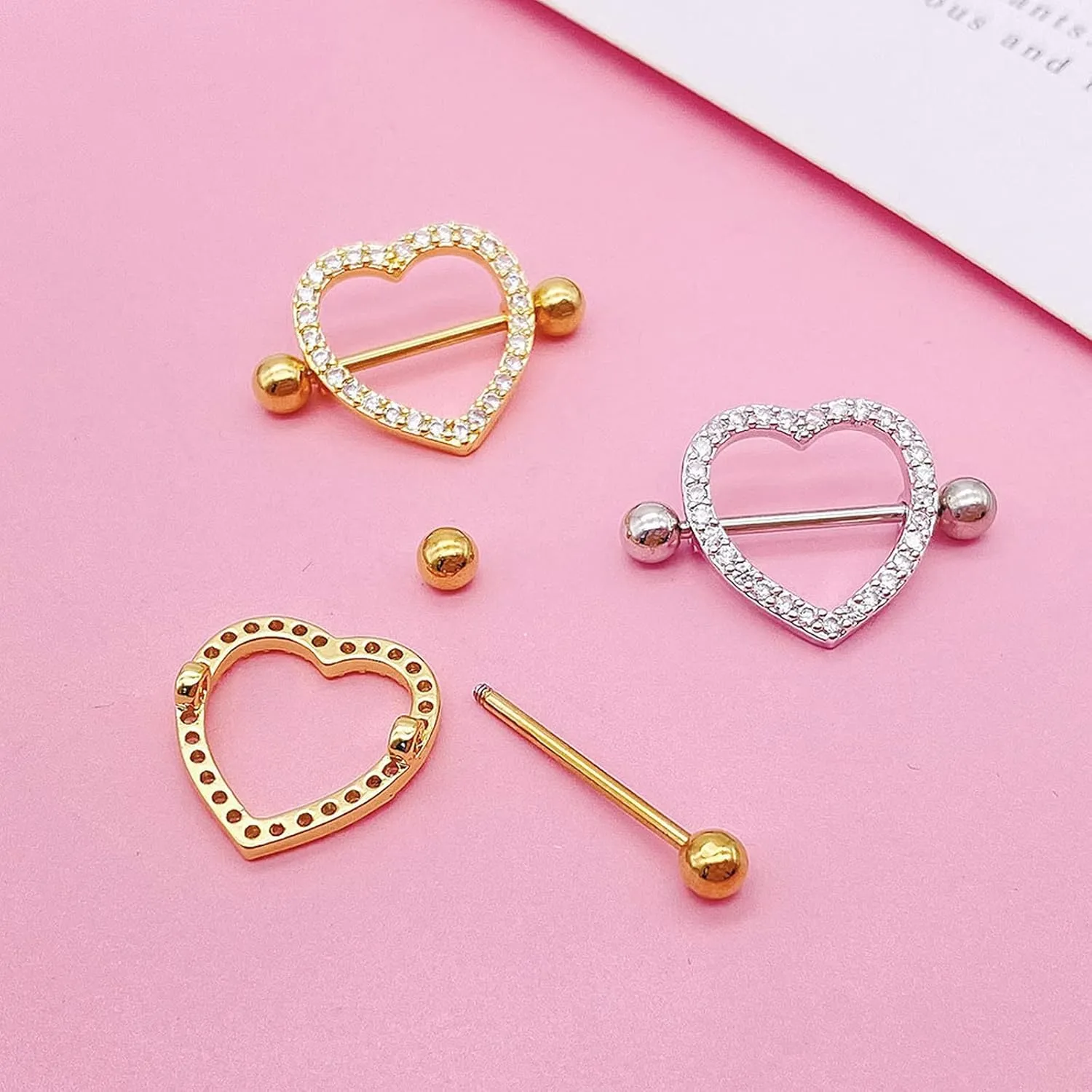 16G Stainless Steel Nipple Rings Glitter CZ Heart Straight Barbell Bars Tongue Ring 16mm(5/8Inch) Body Piercing Jewelry