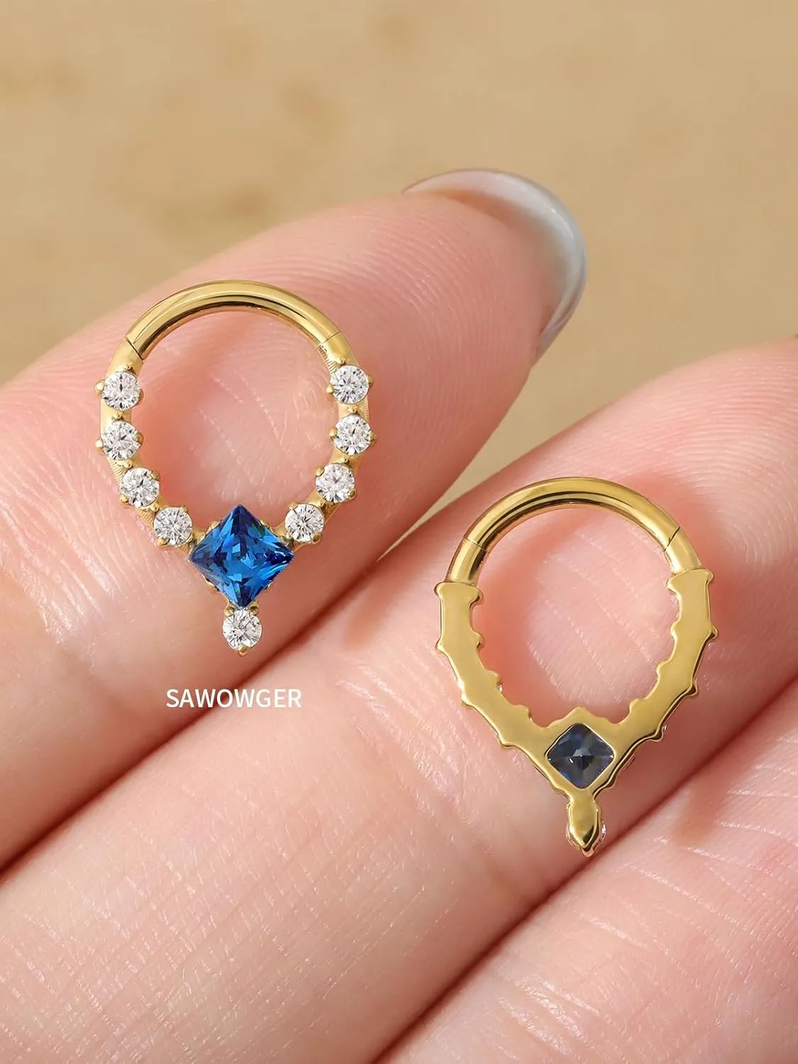 16G Titanium Septum Ring for Women Men Blue CZ Crystal Daith Hoop Earring Helix Clicker Piercing Jewelry 8mm Hinged Segment Ring Hypoallergenic Gold Silver Nose Jewelry