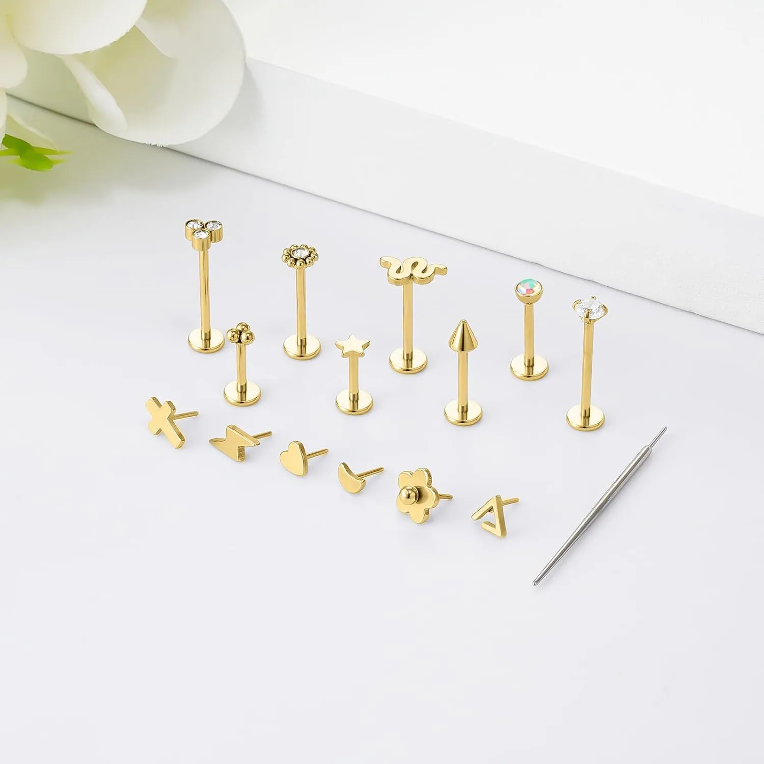 16G/18G Surgical Steel Push in Flat Back Earrings Stud Threadless CZ Nose Studs Rings Tragus Labret Cartilage Lip Medusa Conch Hypoallergenic Body Piercing Jewelry for Women Men