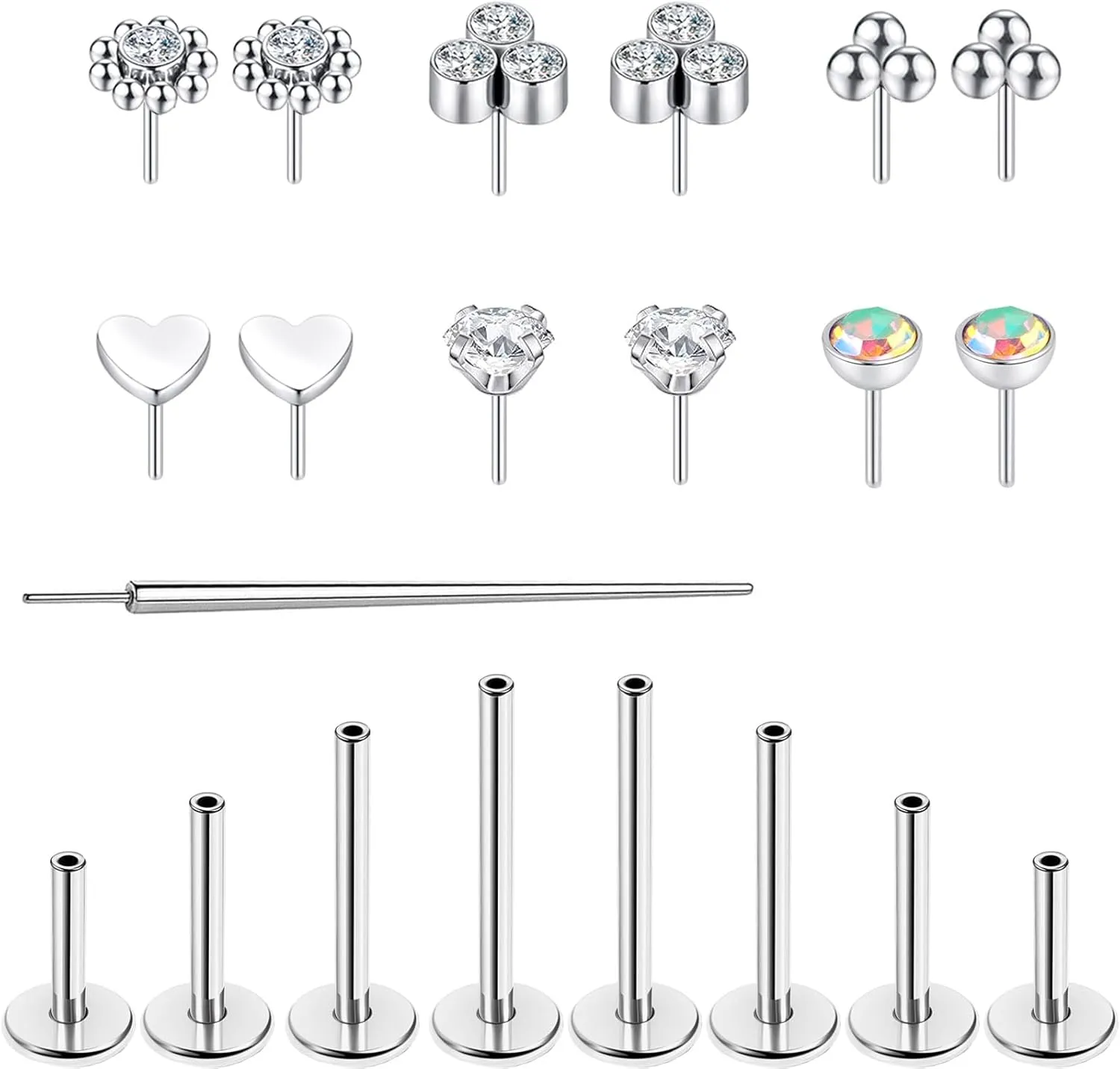 16G/18G Surgical Steel Push in Flat Back Earrings Stud Threadless CZ Nose Studs Rings Tragus Labret Cartilage Lip Medusa Conch Hypoallergenic Body Piercing Jewelry for Women Men