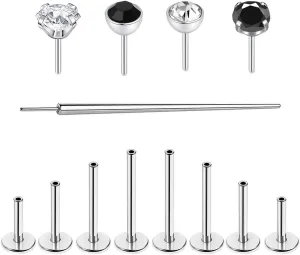 16G/18G Surgical Steel Push in Flat Back Earrings Stud Threadless CZ Nose Studs Rings Tragus Labret Cartilage Lip Medusa Conch Hypoallergenic Body Piercing Jewelry for Women Men