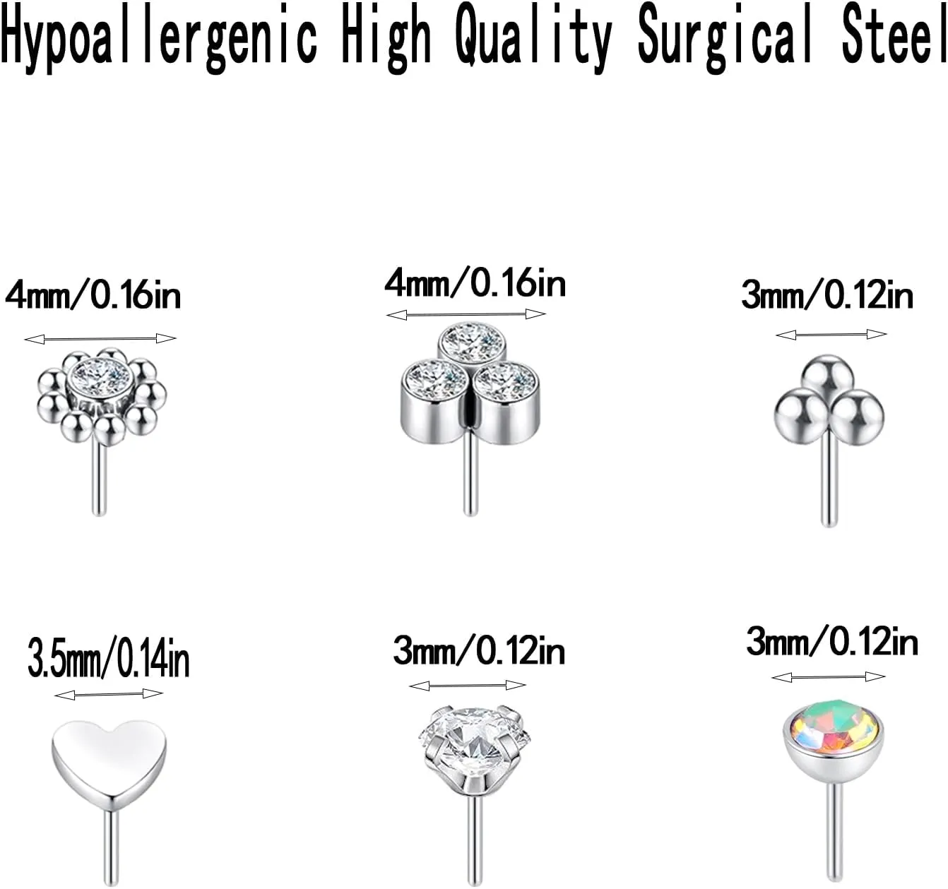 16G/18G Surgical Steel Push in Flat Back Earrings Stud Threadless CZ Nose Studs Rings Tragus Labret Cartilage Lip Medusa Conch Hypoallergenic Body Piercing Jewelry for Women Men