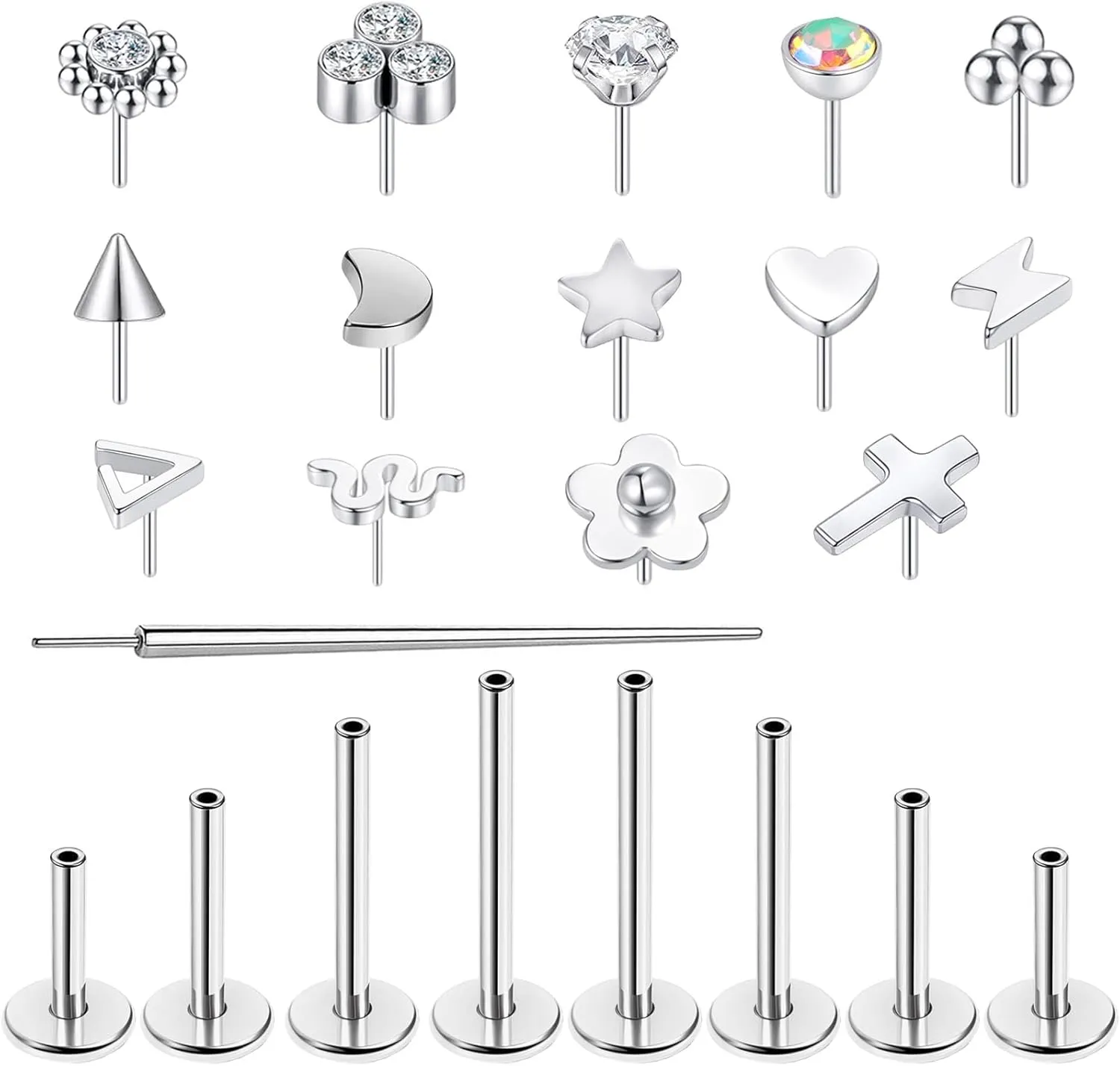16G/18G Surgical Steel Push in Flat Back Earrings Stud Threadless CZ Nose Studs Rings Tragus Labret Cartilage Lip Medusa Conch Hypoallergenic Body Piercing Jewelry for Women Men