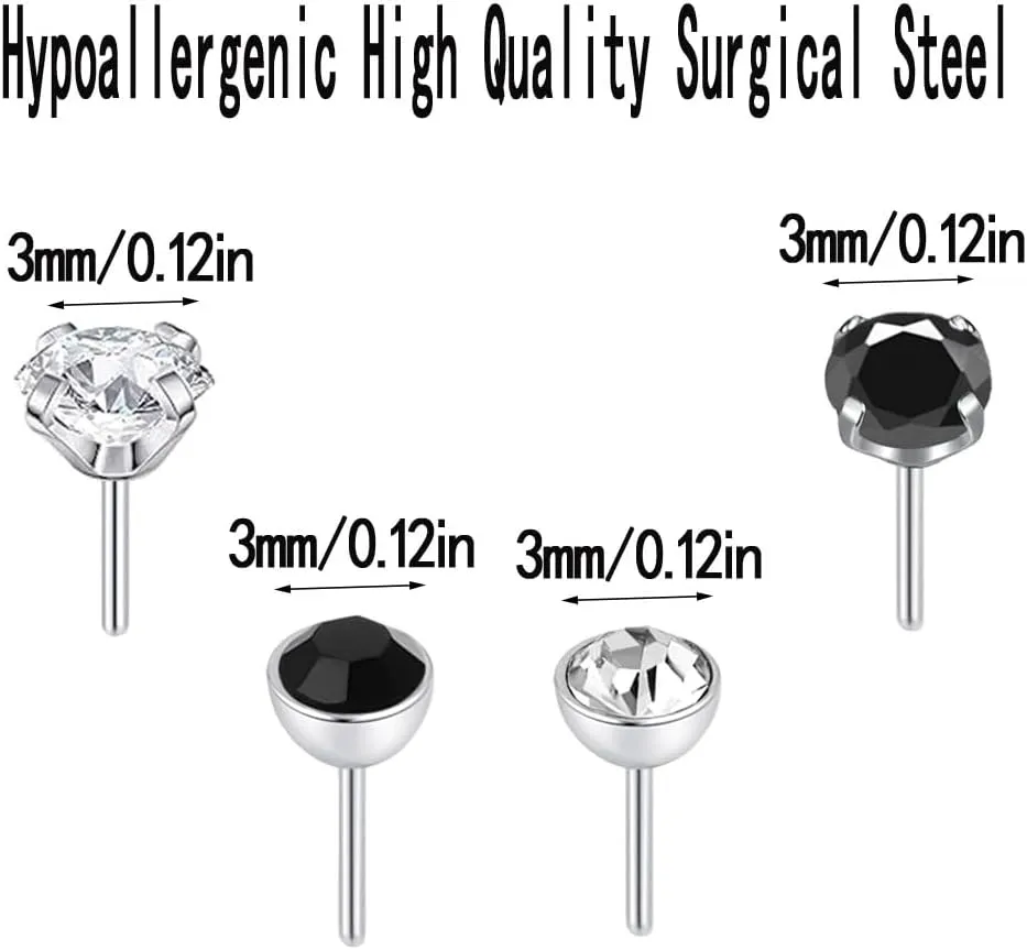 16G/18G Surgical Steel Push in Flat Back Earrings Stud Threadless CZ Nose Studs Rings Tragus Labret Cartilage Lip Medusa Conch Hypoallergenic Body Piercing Jewelry for Women Men