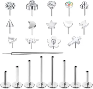 16G/18G Surgical Steel Push in Flat Back Earrings Stud Threadless CZ Nose Studs Rings Tragus Labret Cartilage Lip Medusa Conch Hypoallergenic Body Piercing Jewelry for Women Men