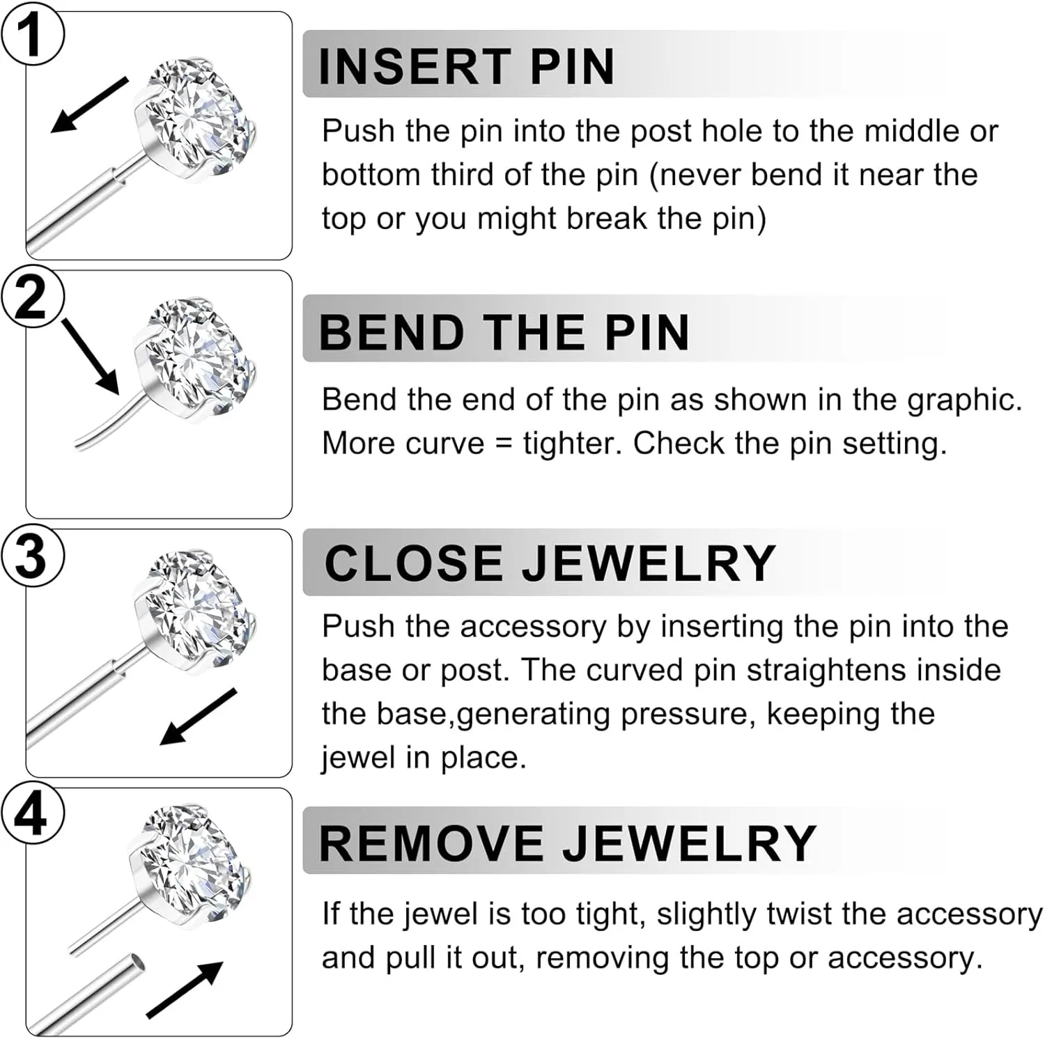 16G/18G Surgical Steel Push in Flat Back Earrings Stud Threadless CZ Nose Studs Rings Tragus Labret Cartilage Lip Medusa Conch Hypoallergenic Body Piercing Jewelry for Women Men