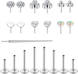 16G/18G Surgical Steel Push in Flat Back Earrings Stud Threadless CZ Nose Studs Rings Tragus Labret Cartilage Lip Medusa Conch Hypoallergenic Body Piercing Jewelry for Women Men