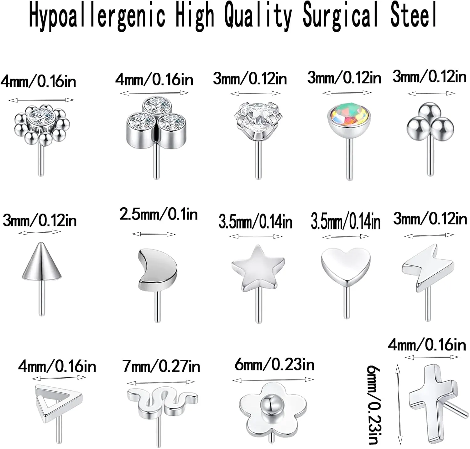 16G/18G Surgical Steel Push in Flat Back Earrings Stud Threadless CZ Nose Studs Rings Tragus Labret Cartilage Lip Medusa Conch Hypoallergenic Body Piercing Jewelry for Women Men