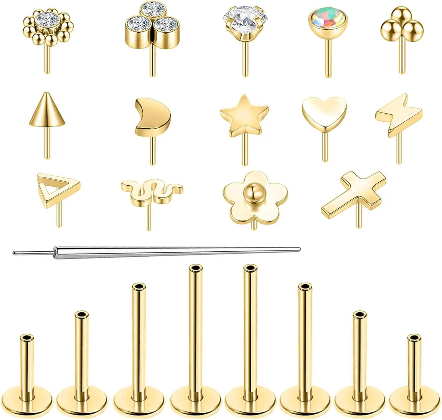 16G/18G Surgical Steel Push in Flat Back Earrings Stud Threadless CZ Nose Studs Rings Tragus Labret Cartilage Lip Medusa Conch Hypoallergenic Body Piercing Jewelry for Women Men