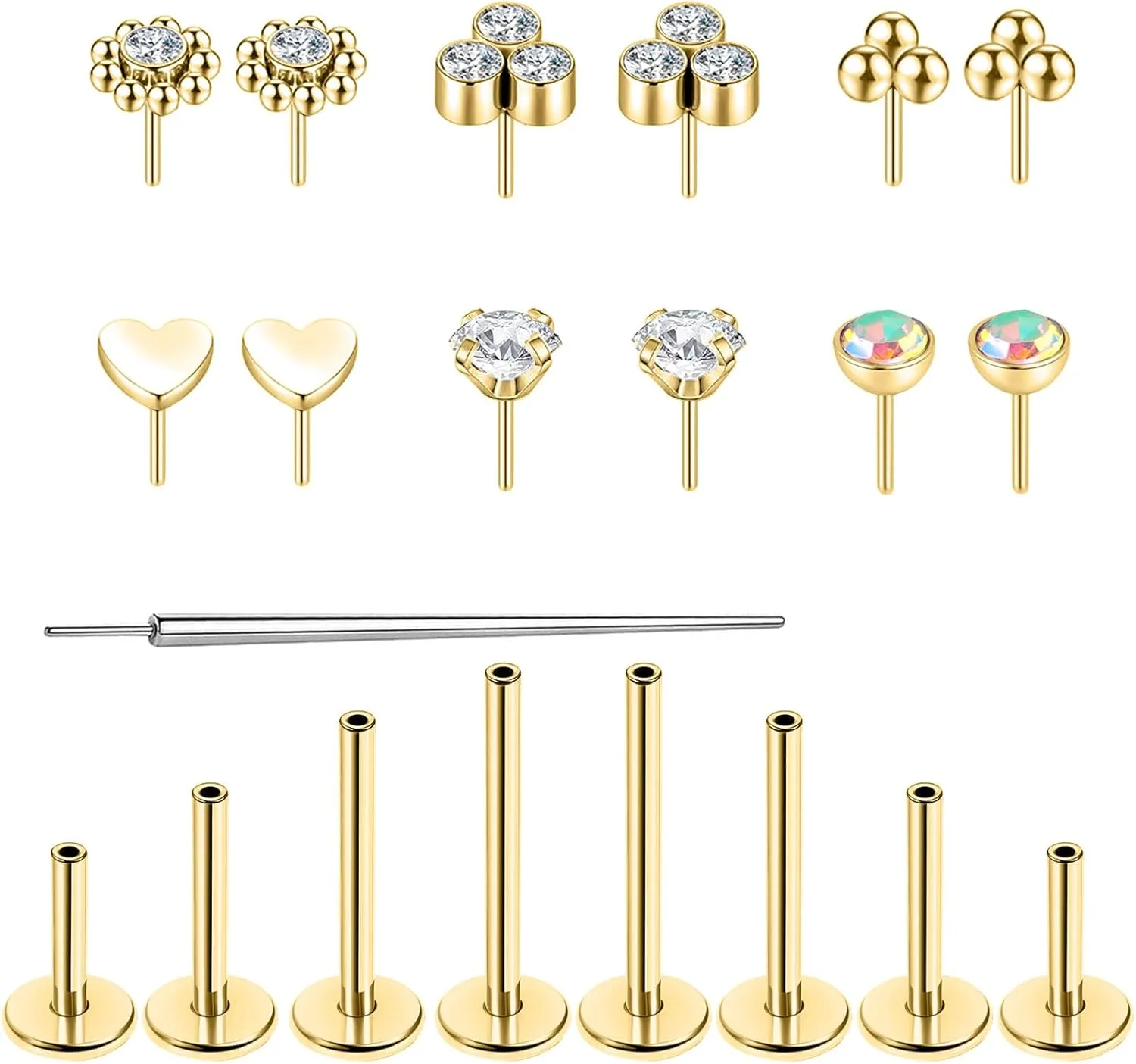 16G/18G Surgical Steel Push in Flat Back Earrings Stud Threadless CZ Nose Studs Rings Tragus Labret Cartilage Lip Medusa Conch Hypoallergenic Body Piercing Jewelry for Women Men