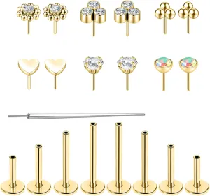 16G/18G Surgical Steel Push in Flat Back Earrings Stud Threadless CZ Nose Studs Rings Tragus Labret Cartilage Lip Medusa Conch Hypoallergenic Body Piercing Jewelry for Women Men